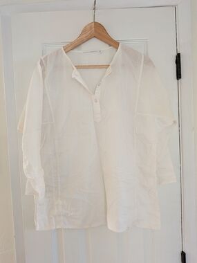 White Linen 3/4 Sleeve Henley Tunic Top Women's Size Large